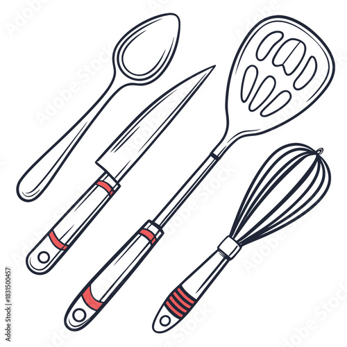 Kitchen utensils set whisk spatula knife spoon vector