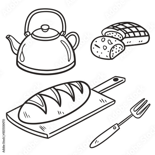 Kitchen doodle set kettle bread cutting board fork