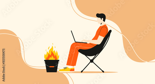 Vector illustration of a man working on a laptop next to a fire in a bucket, symbolizing remote work, deadlines, or a digital campfire concept
