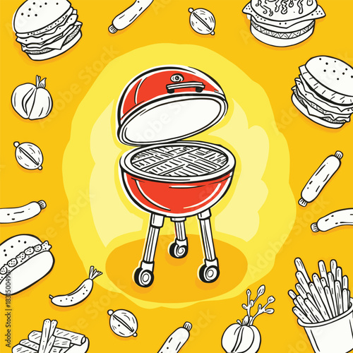 Vibrant Summer BBQ Illustration with Grill, Burger, and Fresh Ingredients