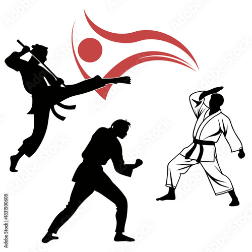Martial arts fighters in action with red graphic elements