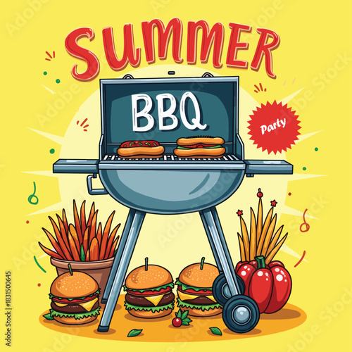 Summer Party BBQ Illustration with Flaming Grill, Burgers & Sausages – Outdoor Food Art