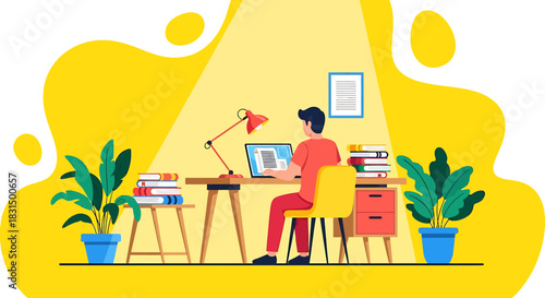 Productive Home Office Setup with Person Working on Laptop - Modern Flat Vector Illustration of Remote Work and Study Environment