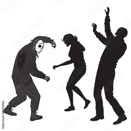 Masked figure chases terrified people silhouettes dancing