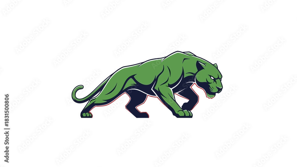 Fototapeta premium A stylized green panther with dark blue shading is depicted in a prowling pose on a clean white background.