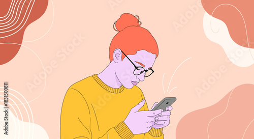 Focused Woman Using Smartphone with Abstract Background Illustration