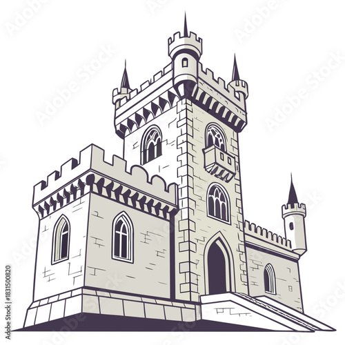Medieval stone castle with towers and battlements fortress