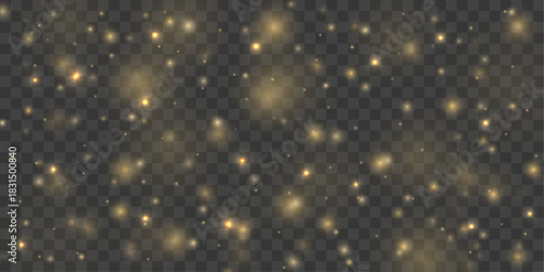 Radiant golden dust spreads in a delicate shimmering layer over a transparent background. Soft sparkles twinkle with gentle warm light. The elegant glow adds depth to magical illustrations.