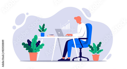 Person working on a laptop at a desk with plants, visualizing data, a modern office environment