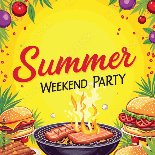 Summer BBQ Poster with Grilled Burgers and Outdoor Cooking Illustration