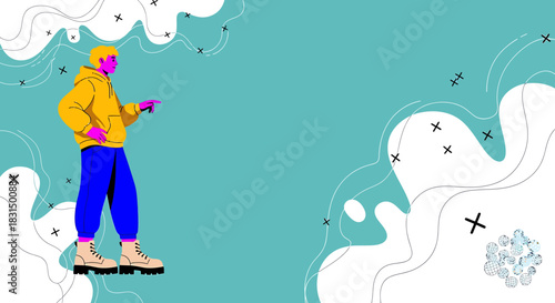 Stylized character in trendy clothes presenting an idea or concept against an abstract background with space for text
