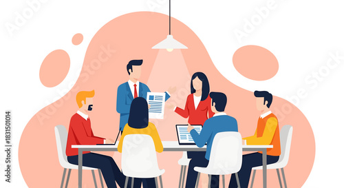 Illustration of a business meeting with diverse professionals collaborating around a table, discussing documents and plans