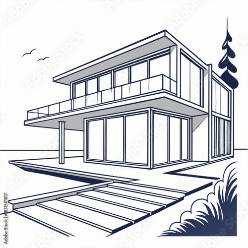 Modern villa with balcony and pathway vector house