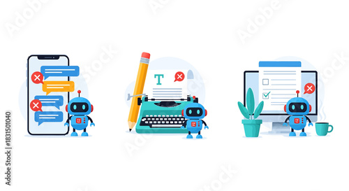Set of modern flat illustrations depicting AI robot concepts, including chatbot communication errors, automated content creation, and digital task automation