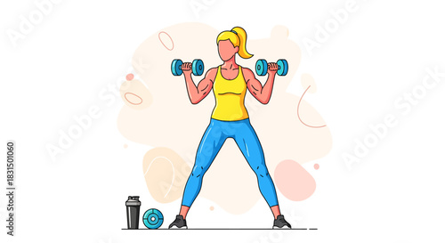 Energetic illustration of a fit woman performing dumbbell exercises, embodying strength, wellness, and a dedicated workout routine for a healthy and active lifestyle