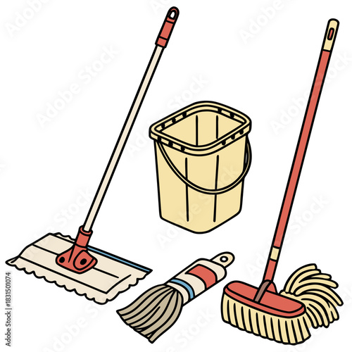 Mop bucket and broom cleaning tools vector