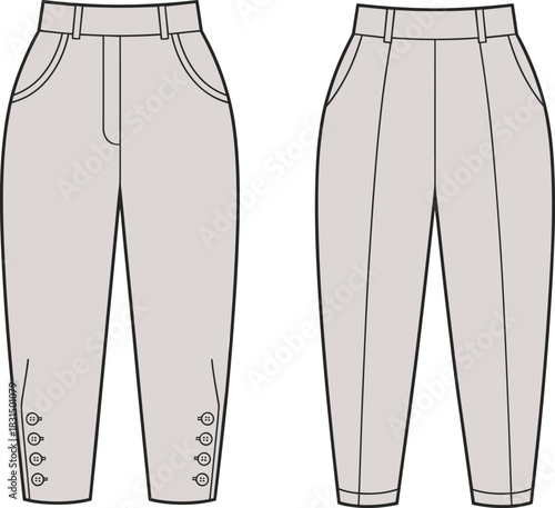 Women’s trousers technical flat sketch with buttons at hem, tailored pants front and back view, cad vector fashion illustration