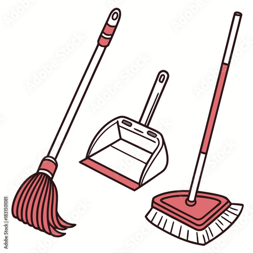 Mop dustpan and broom cleaning tools vector