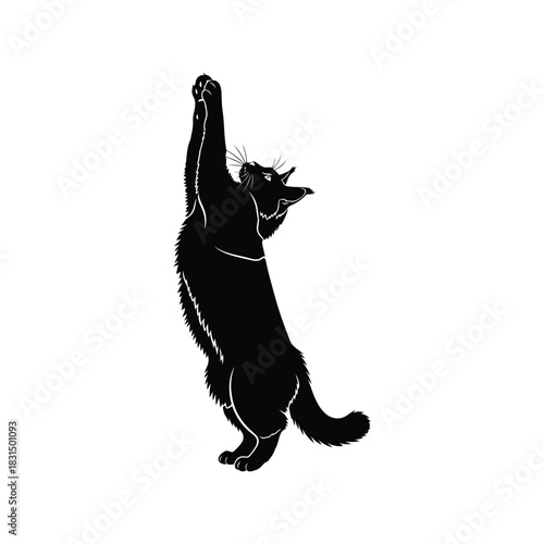 Elegant black cat stretching paw upward vector illustration