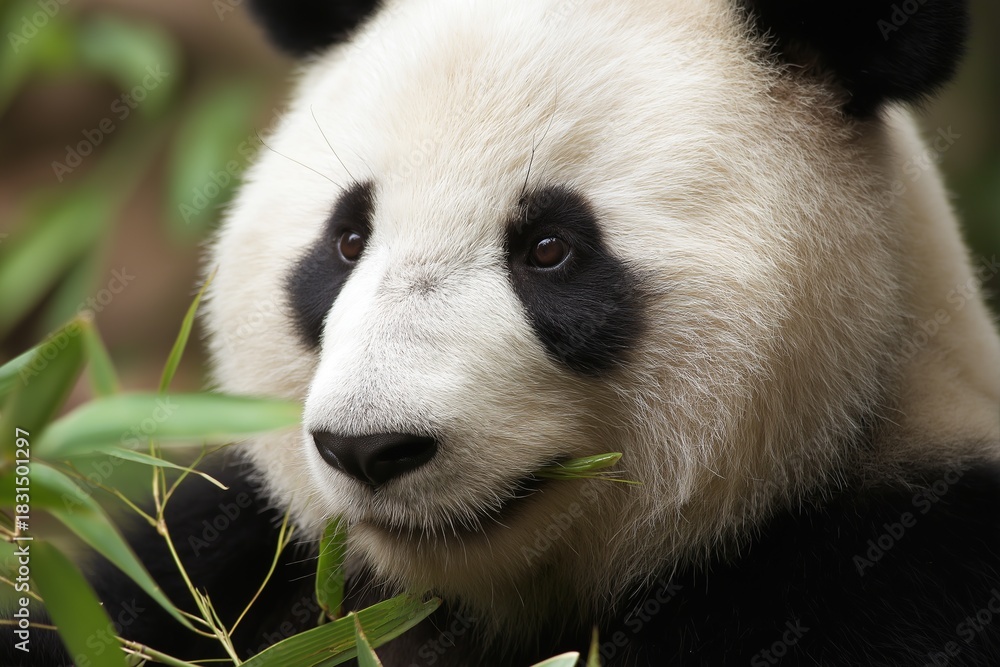 Fototapeta premium Giant panda eating bamboo in lush forest, ultra-wide-angle view details fur texture, warm sunlight filters through leaves onto black ears, wildlife habitat, national geographic style photography
