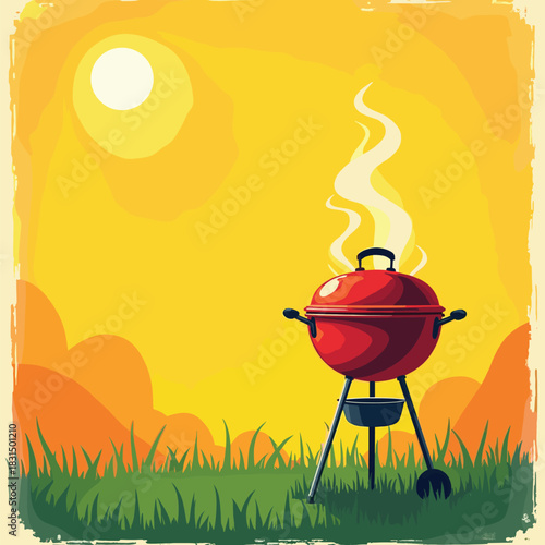 Flaming BBQ Grill with Meat and Motivational Text – Sizzle Smile Repeat Illustration