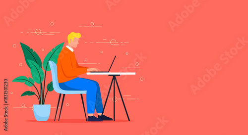 Person working from home at desk with plant, against a coral background, illustration style