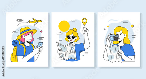 Traveling Solo Illustrated Journey with a Map, Camera and Phone