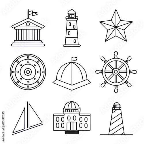 Nautical and architectural line art icons lighthouse