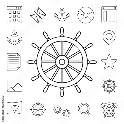 Nautical and business icons set thin outline icon set