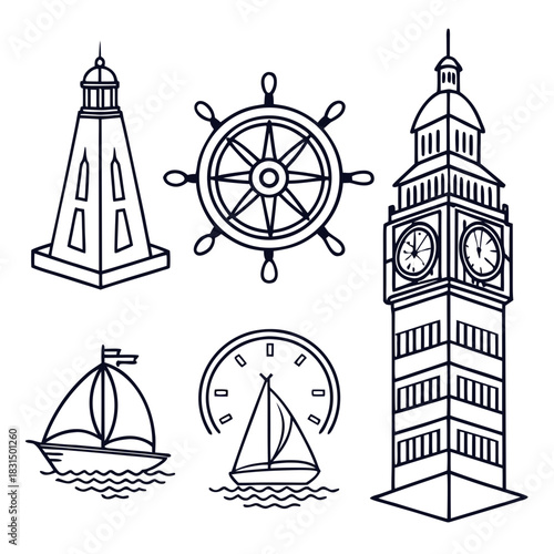 Nautical and Landmark Icons on White Background lighthouse