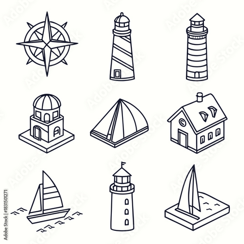 Nautical icons compass lighthouse sailboat house and tent