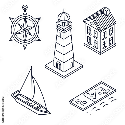 Nautical and travel icons compass lighthouse sailboat house island