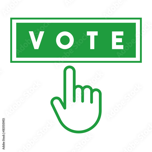 Green "VOTE" Button with Pointing Finger Icon: A Clear Vector Symbol for Electoral Participation, Online Polling, Democratic Processes, and Making a Choice in Web UI Design