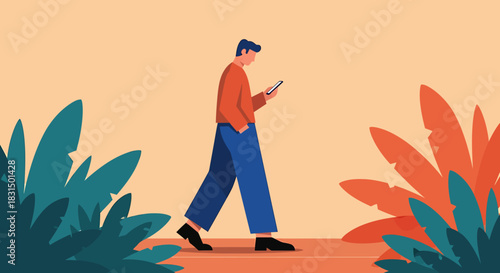 Mobile Addiction A Man Walks Distracted by His Phone, Ignoring Nature's Beauty