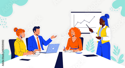 Business meeting with diverse team collaborating on a project in a modern office setting with charts on a whiteboard