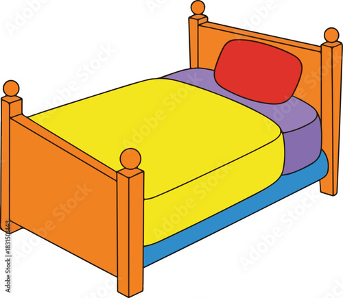 Illustration of a colorful bed with a yellow blanket, red pillow, and purple sheets isolated on perfect for childrens books