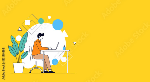 Freelancer Working on Laptop at Desk in Office with Geometric Shapes on Yellow Background