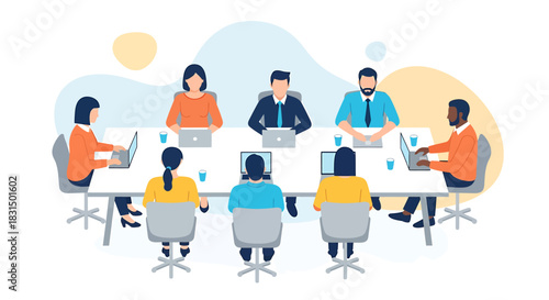 Diverse business team collaborating effectively around a conference table with laptops, illustrating modern office meeting dynamics and professional teamwork