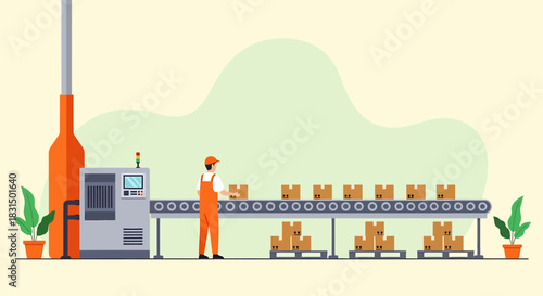 Worker overseeing an automated production line in a modern factory with a conveyor belt system for efficient packaging and logistics