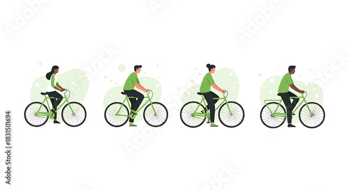 Diverse individuals enjoying active, eco-conscious urban commutes and recreational cycling, promoting sustainable lifestyle choices and personal well-being