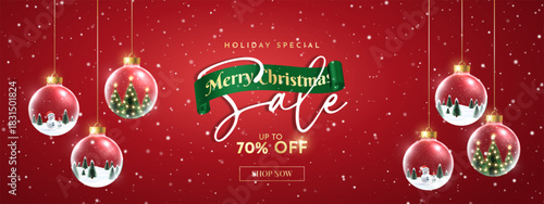 Merry Christmas sale promotion poster banner with product display and festive decoration light background. Christmas special sale and offer unit with snowflakes and snowman. 