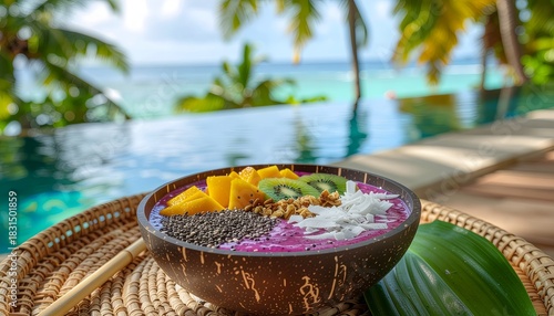 Fototapeta Naklejka Na Ścianę i Meble -  Luxury tropical coconut cocktails on a blue pool and white sand beach with a palm tree, featuring fresh flowers and close-up summer sea views