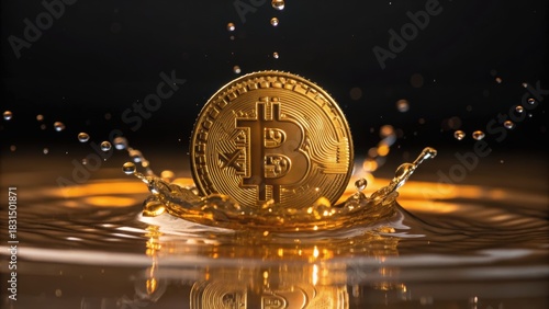 A Bitcoin coin splashes into water, creating ripples and reflections, symbolizing digital currency and financial innovation.