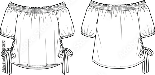 Women's off shoulder blouse, vector fashion sketch, technical drawing, summer top template, gathered sleeve blouse, ruched tie sides, front back view, stylish casual top, CAD fashion design, elastic 