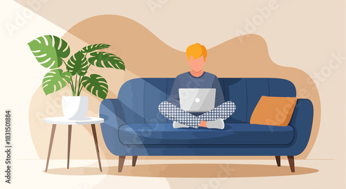 Flat vector illustration depicting a person casually working or studying from home on a laptop while relaxing on a comfortable sofa
