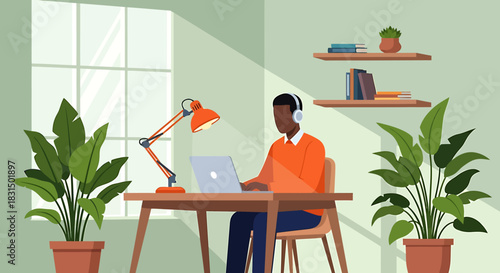 Flat vector illustration Focused man working remotely on a laptop in a sunny home office. Captures productive telecommuting and a comfortable work-from-home lifestyle