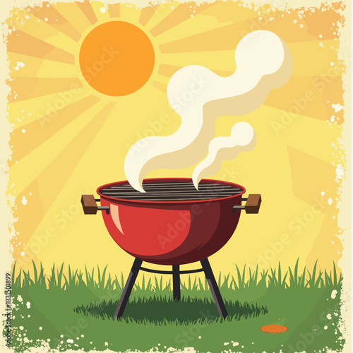 Sunset BBQ Grill with Rising Smoke in Summer Meadow – Outdoor Cooking Illustration