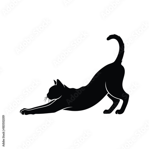 Black cat silhouette stretching yoga pose vector icon