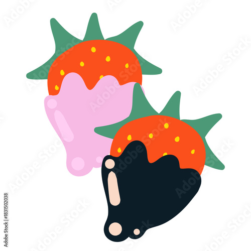 Cute strawberries dipped in pink cream and chocolate for Valentines day.  Flat vector illustration.