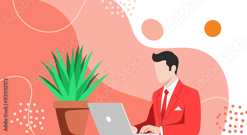Flat vector illustration of a focused professional working on a laptop, symbolizing modern business productivity, remote work, and digital efficiency in a creative environment